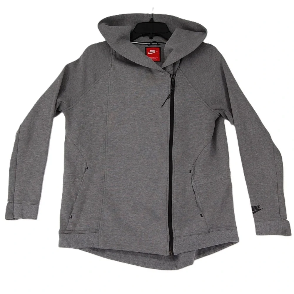 Nike Tech Fleece Jacket Womens Medium Gray Asymmetrical Zip Hoodie Cape Athletic